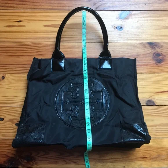 Tory Burch Ella Black Leather Nylon Tote Bag, EUC, 16.5”